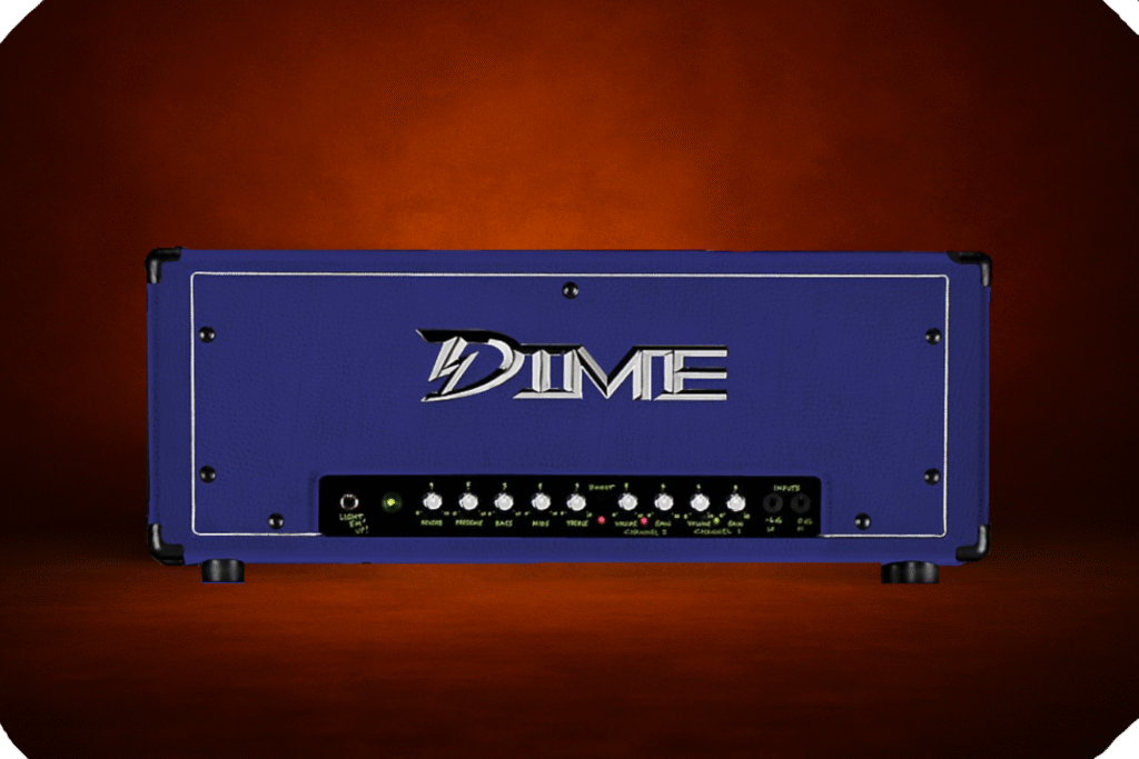Dime D100 amp head on forge-style background, solid-state high-gain amplifier inspired by Dimebag Darrell’s tone, part of Reamp Forge legacy gear.