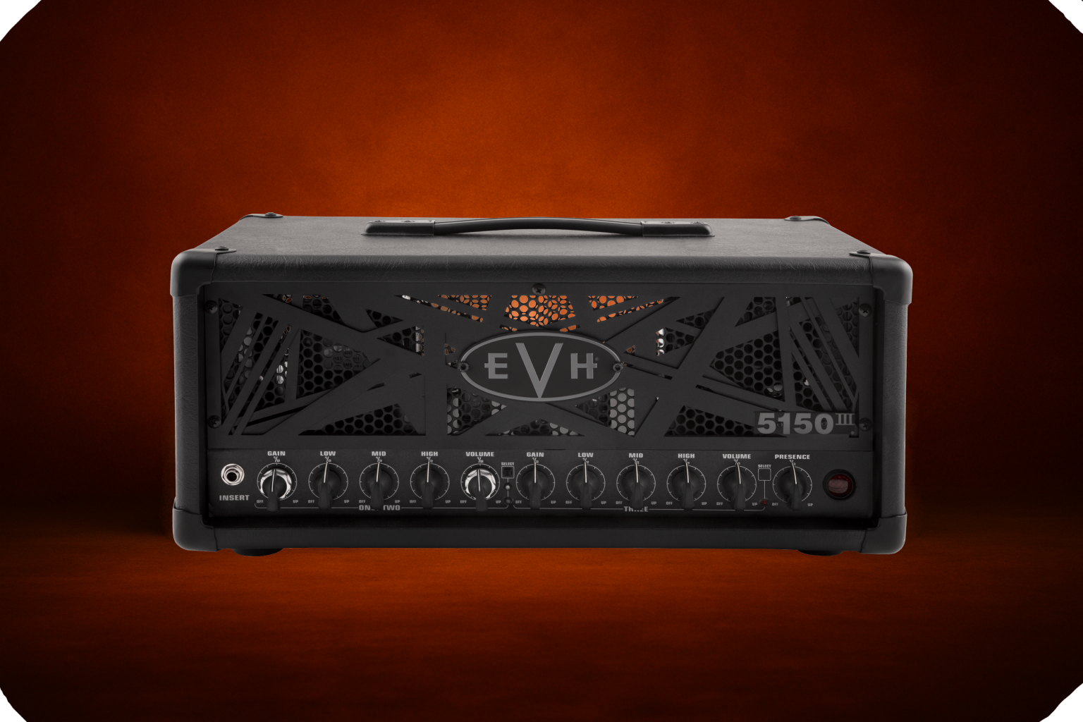 EVH 5150 III Stealth 6L6 amp head on forge-style background, aggressive modern tone amp used in metal productions, part of Reamp Forge gear.
