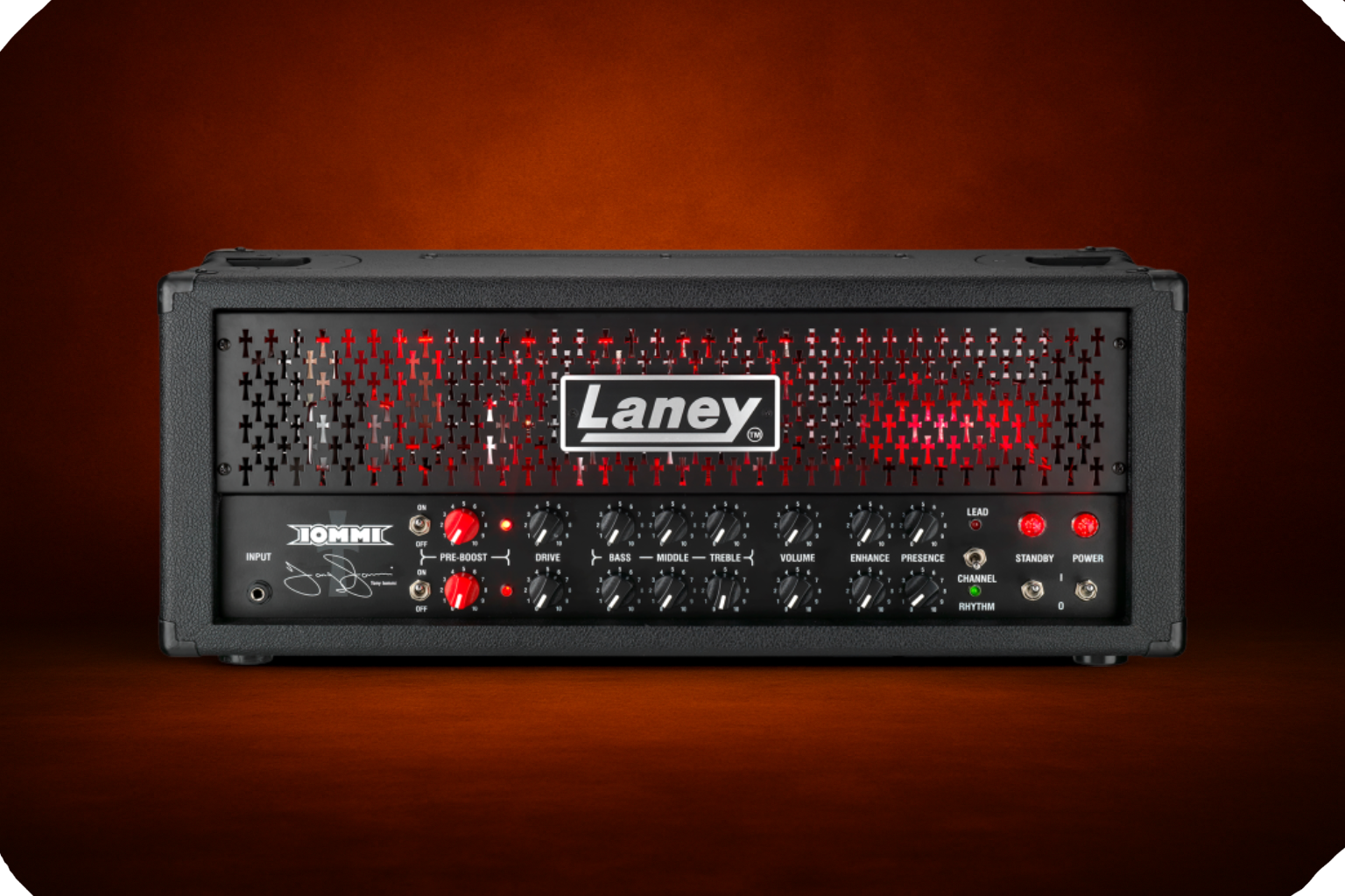 Laney TI100 Limited Edition amp head on forge glow background, Tony Iommi signature model with only 50 units made, available at Reamp Forge.