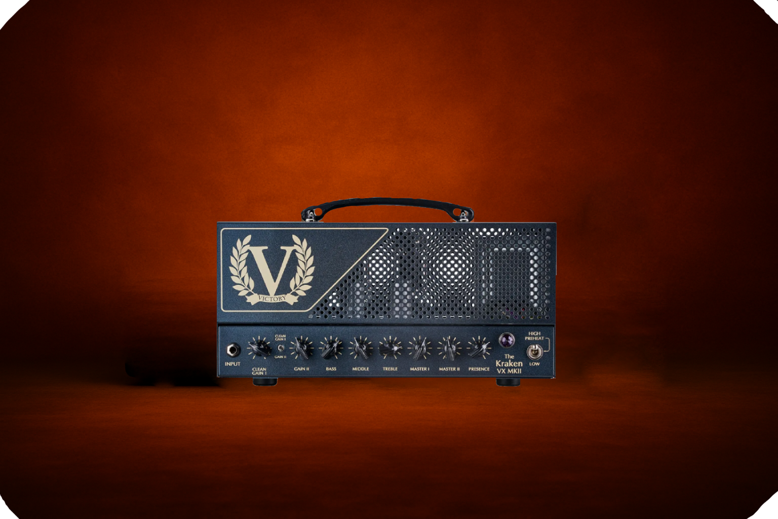 Victory Kraken VX amp head on forge-style backdrop, British-designed high-gain amp with tight modern tone, available at Reamp Forge.