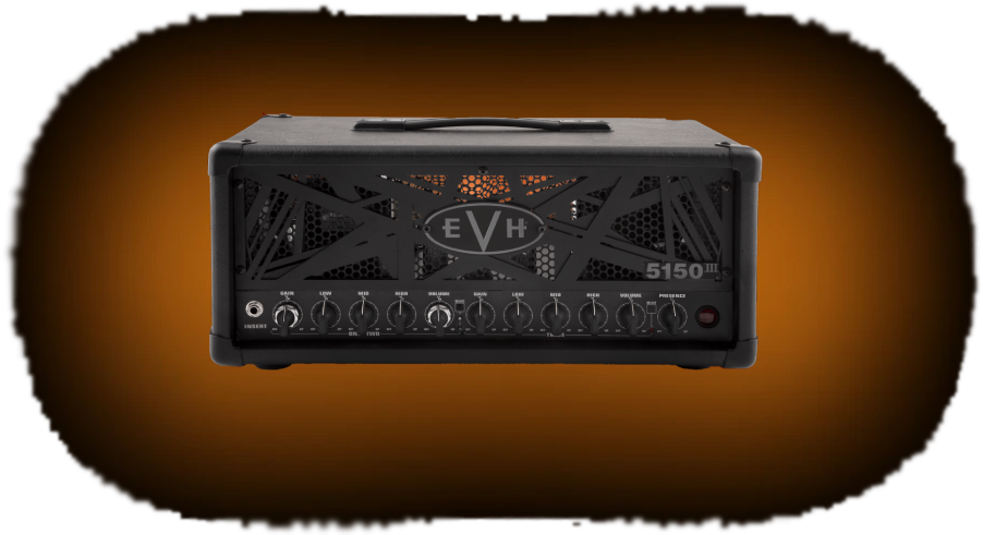 EVH 5150 III guitar amp head on a transparent background with a soft burnt-orange glow behind it