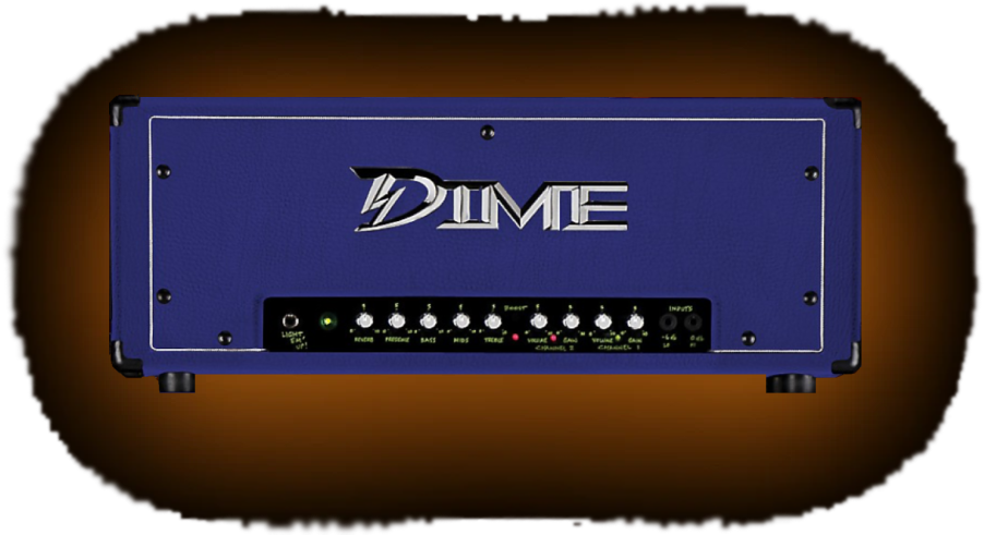 Dime AMP guitar amp head on a transparent background with a soft burnt-orange glow behind it
