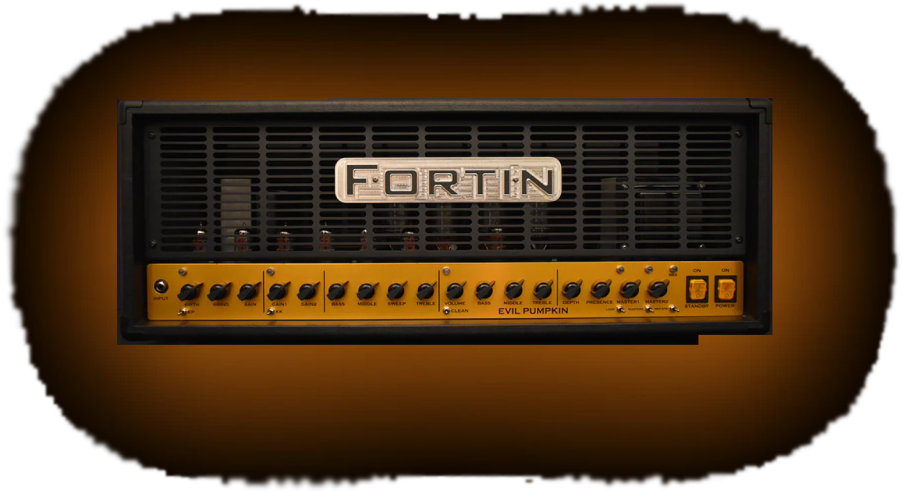 Fortin Evil Pumpkin guitar amp head on a transparent background with a soft burnt-orange glow behind it