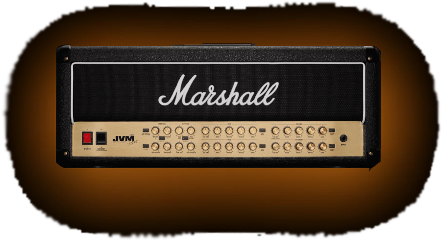 Marshall JVM410h Spinal Tap guitar amp head on a transparent background with a soft burnt-orange glow behind it