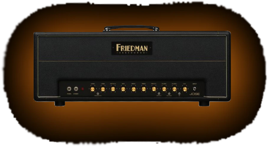Friedman Jose Arredondo guitar amp head on a transparent background with a soft burnt-orange glow behind it