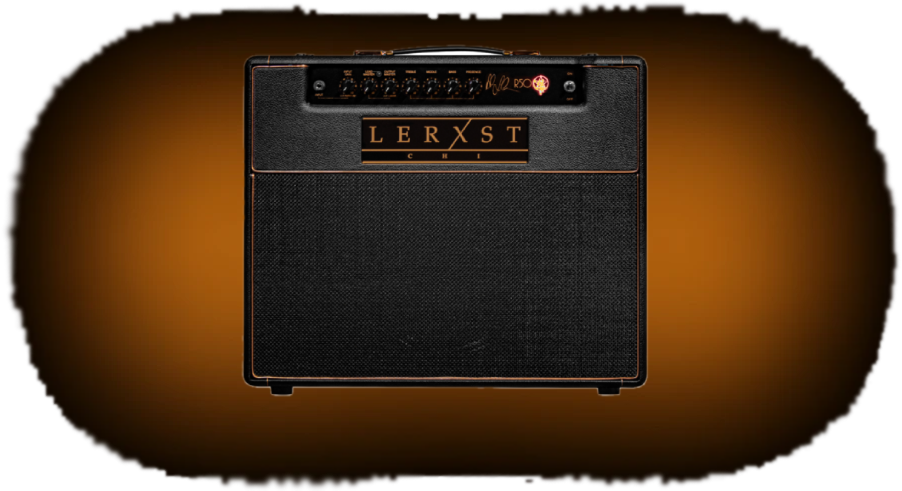LERXST guitar amp head on a transparent background with a soft burnt-orange glow behind it