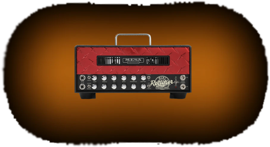 Mesa Mini Rectifier guitar amp head on a transparent background with a soft burnt-orange glow behind it