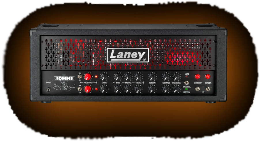 Laney TI100 guitar amp head on a transparent background with a soft burnt-orange glow behind it
