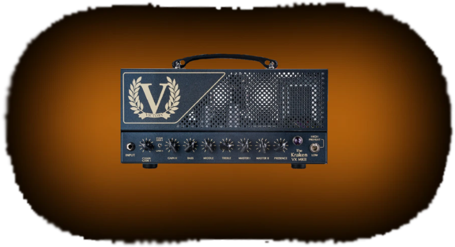 Victory Kraken guitar amp head on a transparent background with a soft burnt-orange glow behind it