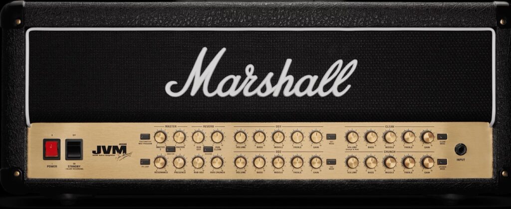 Front view of a Marshall JVM410H guitar amplifier head with a black textured enclosure, large white Marshall logo, and a gold control panel featuring multiple knobs, switches, and input jack.