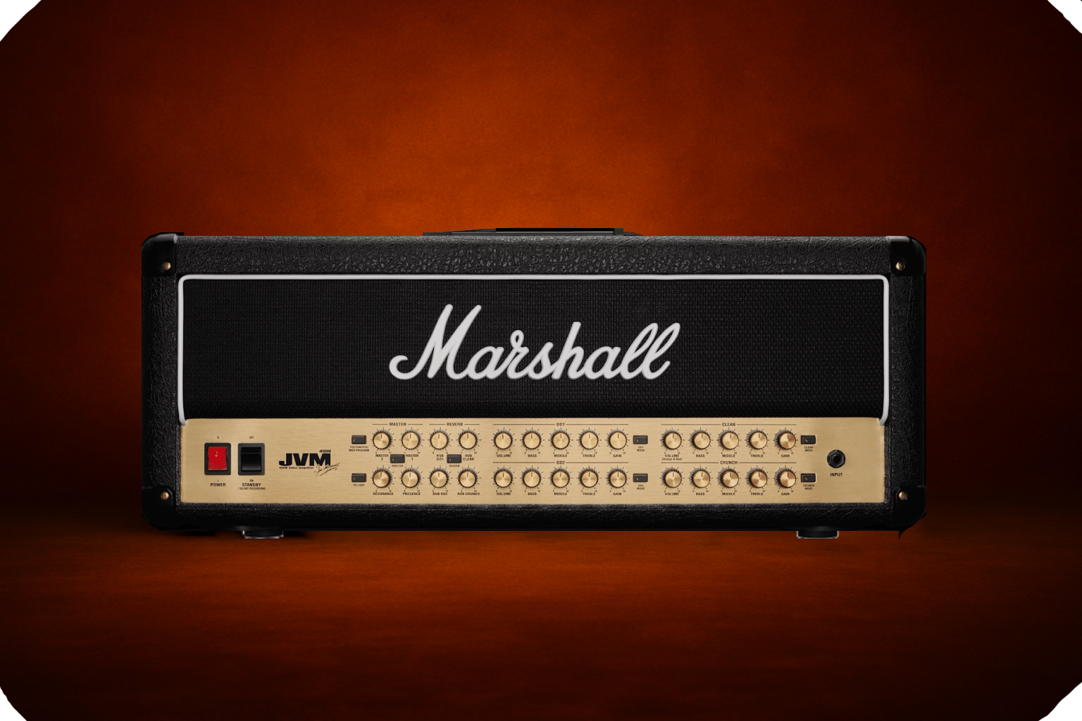 Marshall JVM410h 11 guitar amplifier head displayed against a dark orange studio backdrop, showcasing its black and gold front panel with labeled knobs and toggle switches.