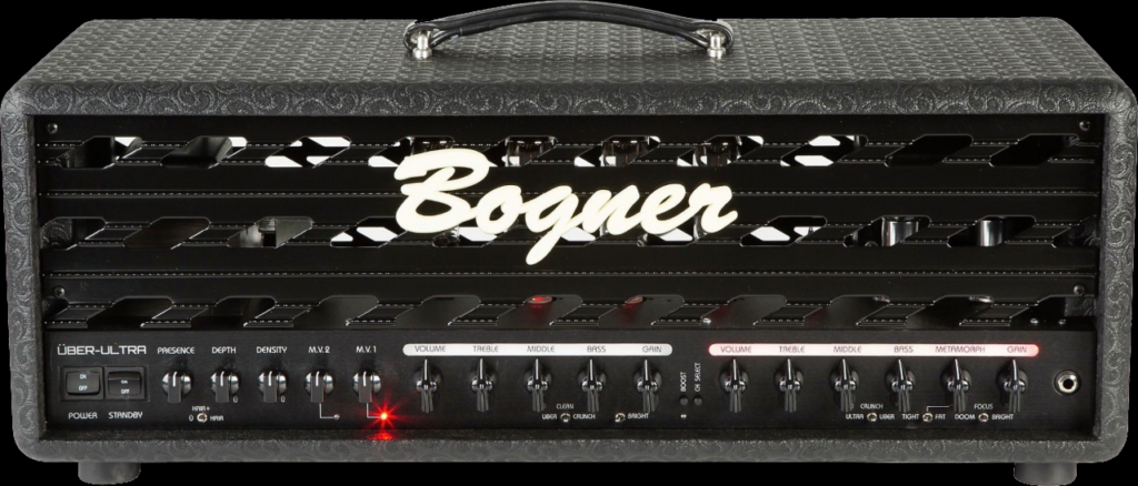 Bogner Überschall Ultra MkII 100-watt guitar amp head with KT88 power tube upgrade, shown front-facing against a black background, featuring aggressive high-gain controls and signature Bogner grille design