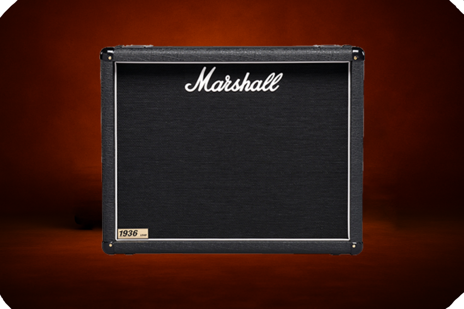 Marshall 1936 2x12 guitar speaker cabinet with black tolex, black grille cloth, white piping, and Marshall logo, studio-lit on a dark orange background.