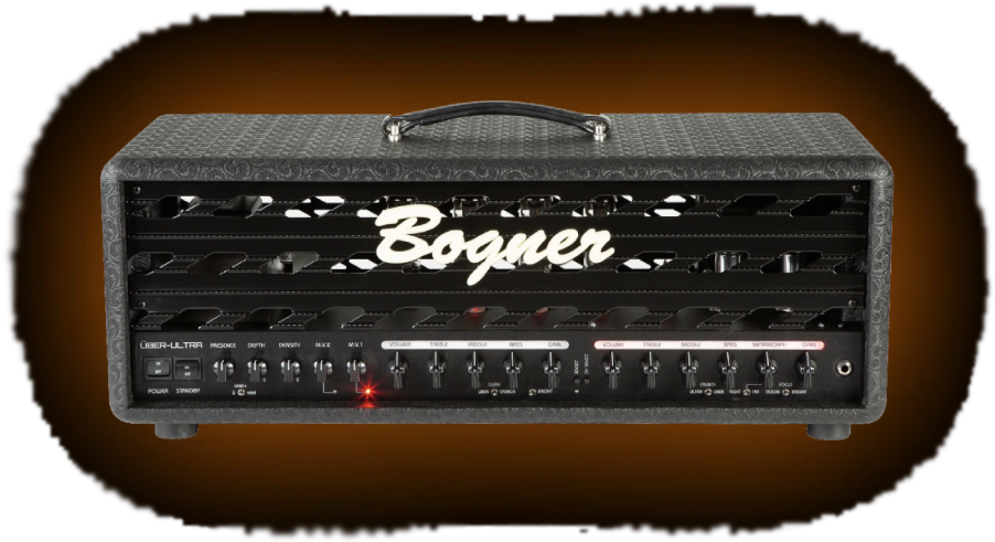 Bogner Uberschall Ultra MK2 guitar amp head on a transparent background with a soft burnt-orange glow behind it
