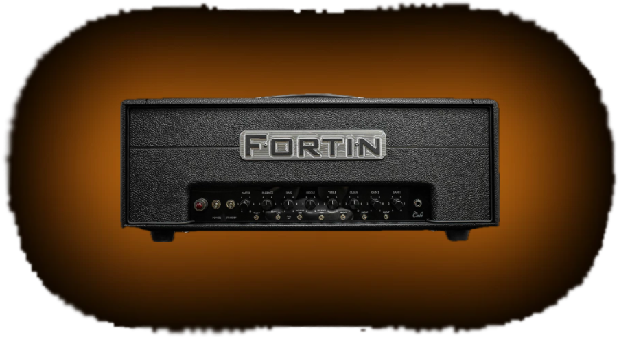 Fortin Cali Blackout guitar amp head on a transparent background with a soft burnt-orange glow behind it