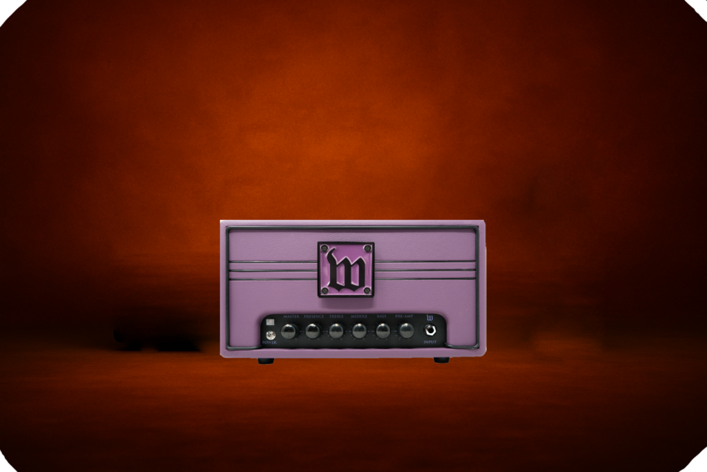 Zakk Wylde Limited Edition Purple Mini Guitar Amplifier front view on a transparent background with a soft burnt-orange glow behind it