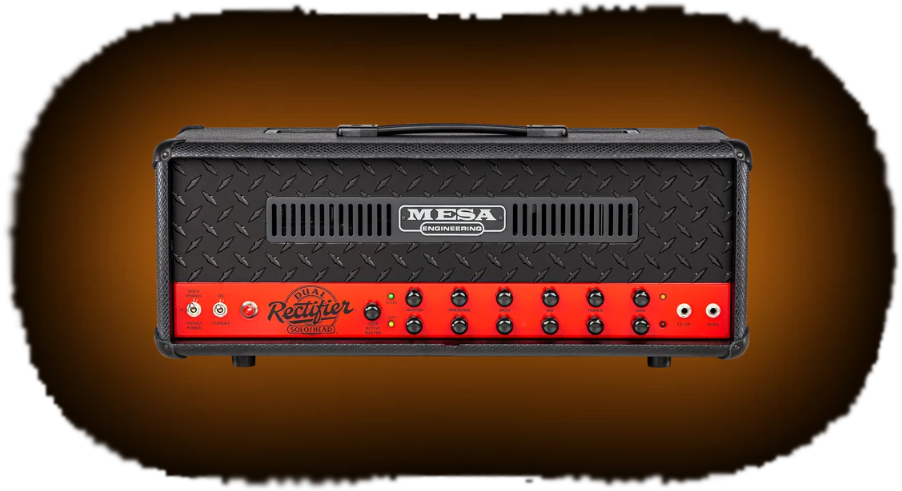Mesa 90s Dual Rectifier guitar amp head on a transparent background with a soft burnt-orange glow behind it